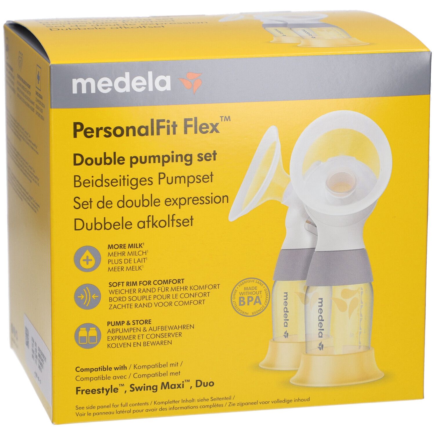 Medela PersonalFit Flex Doppel-Ausdruckset Verpackung. Gelbe Box mit Produktabbildung und Text. BPA-frei.