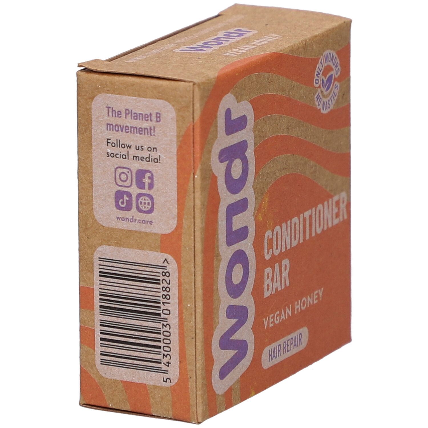 Wondr Conditioner Bar Verpackung, veganer Honig, Haarreparatur.