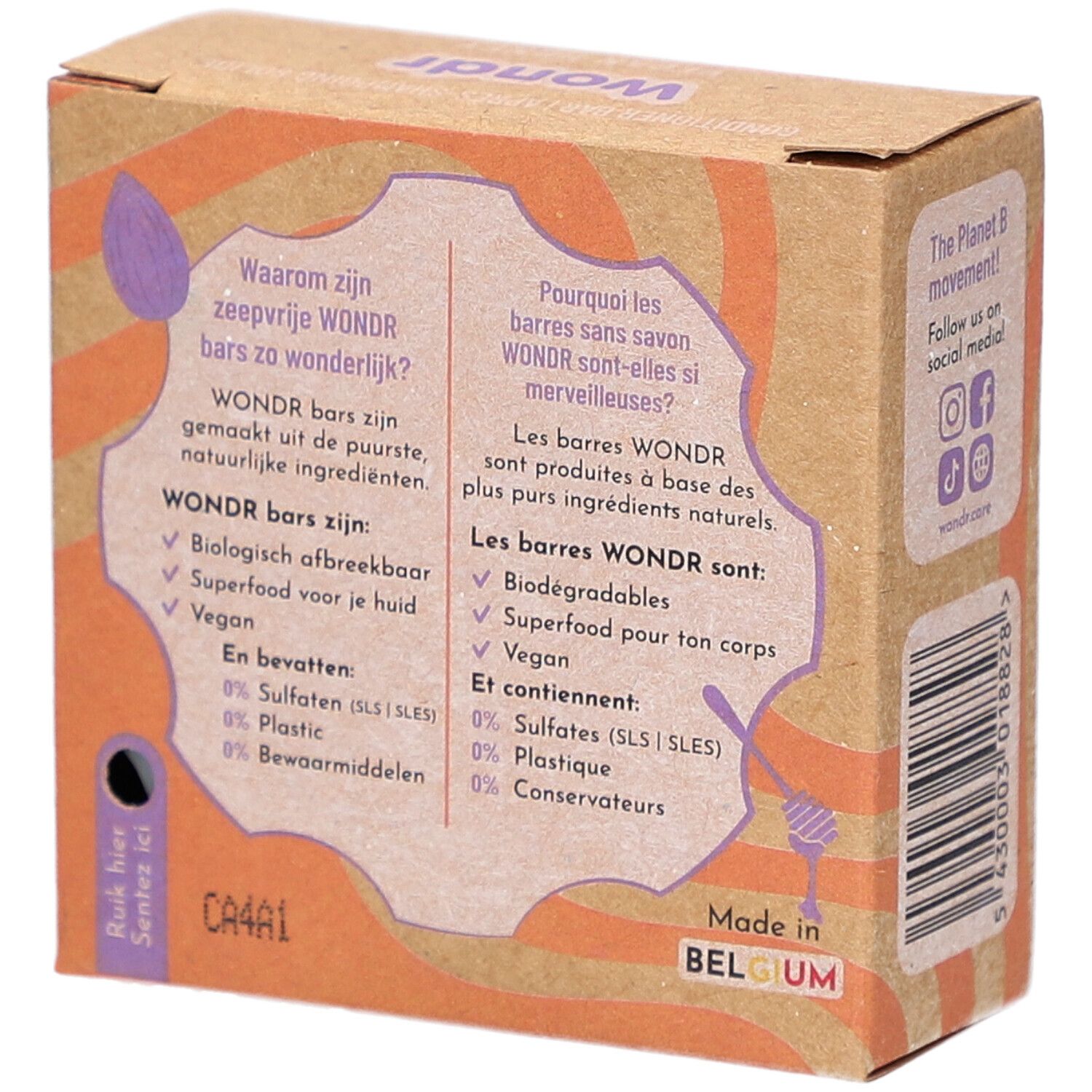 WONDER Seifenfreie Riegel: biologisch abbaubar, vegan, aus natürlichen Zutaten. Hergestellt in Belgien.