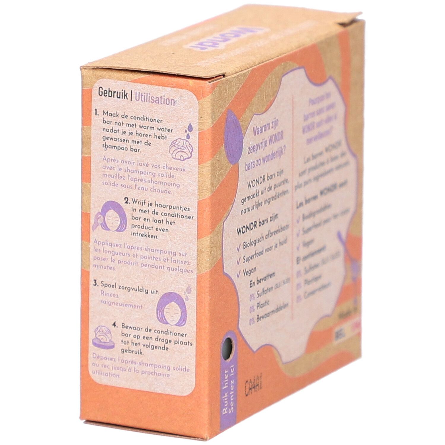 Kartonverpackung mit Anleitungen für ein festes Shampoo-Produkt.
