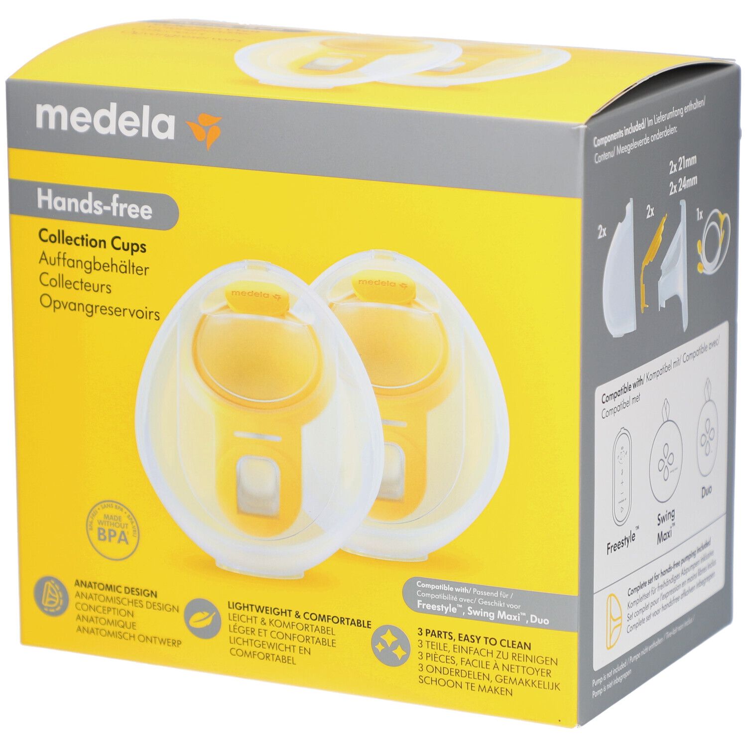Gelbe Verpackung mit zwei hands-free Kollektoren. Aufschrift: Medela Hands-free Collection Cups. Anatomisches Design, BPA-frei.