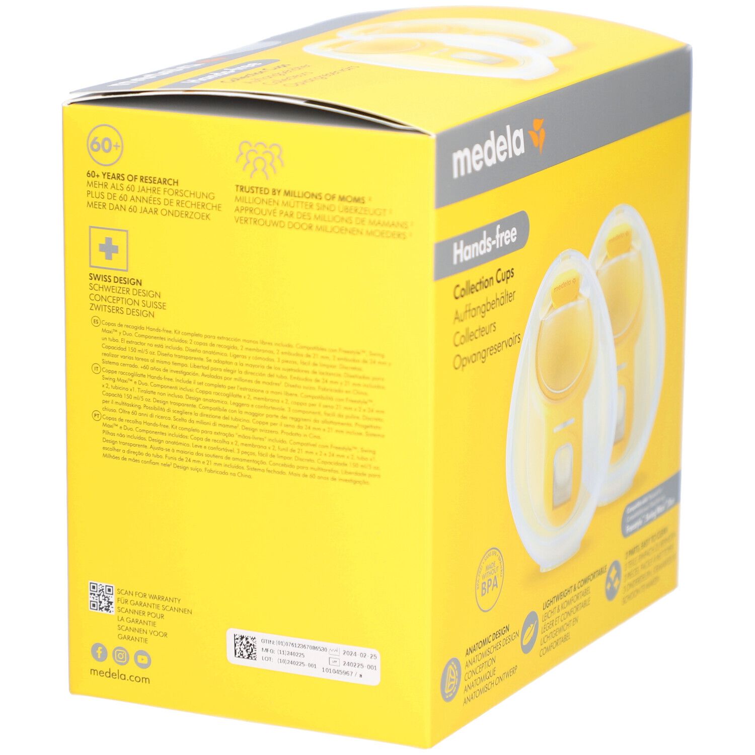 Gelbe Verpackung, Rückseite. Text: Medela Hands-free Collection Cups. Enthält Informationen zu Forschung, Design und Zertifizierungen.