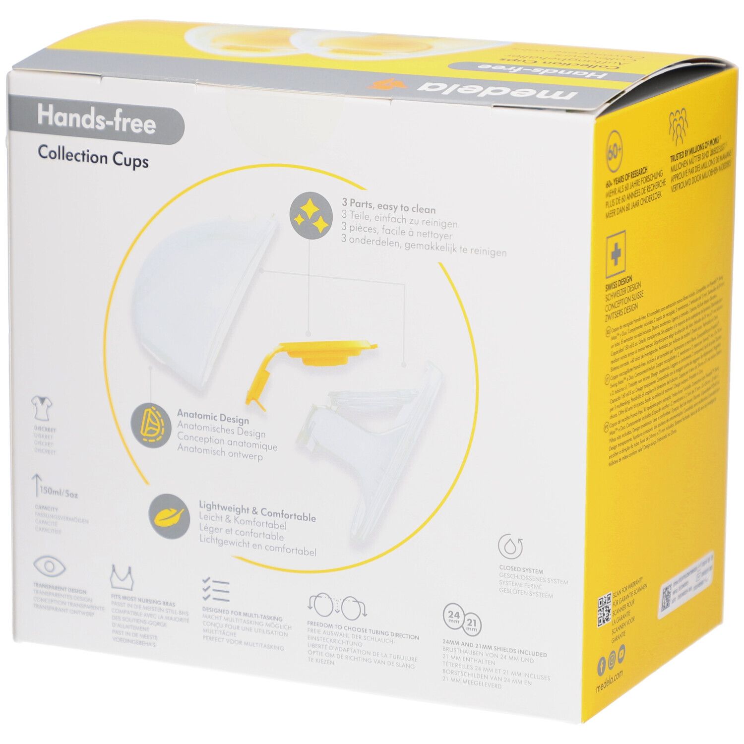 Gelbe Verpackung, Detailansicht. Hands-free Collection Cups. Abbildung von Einzelteilen. Text: 3 Teile, einfach zu reinigen.