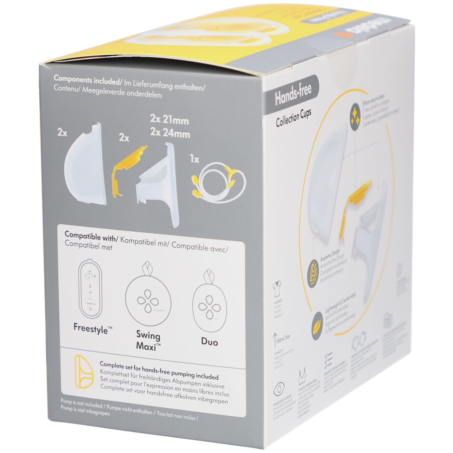 Gelbe Verpackung, Detailansicht. Hands-free Collection Cups. Abbildung von Einzelteilen. Kompatibel mit Freestyle, Swing Maxi, Duo.