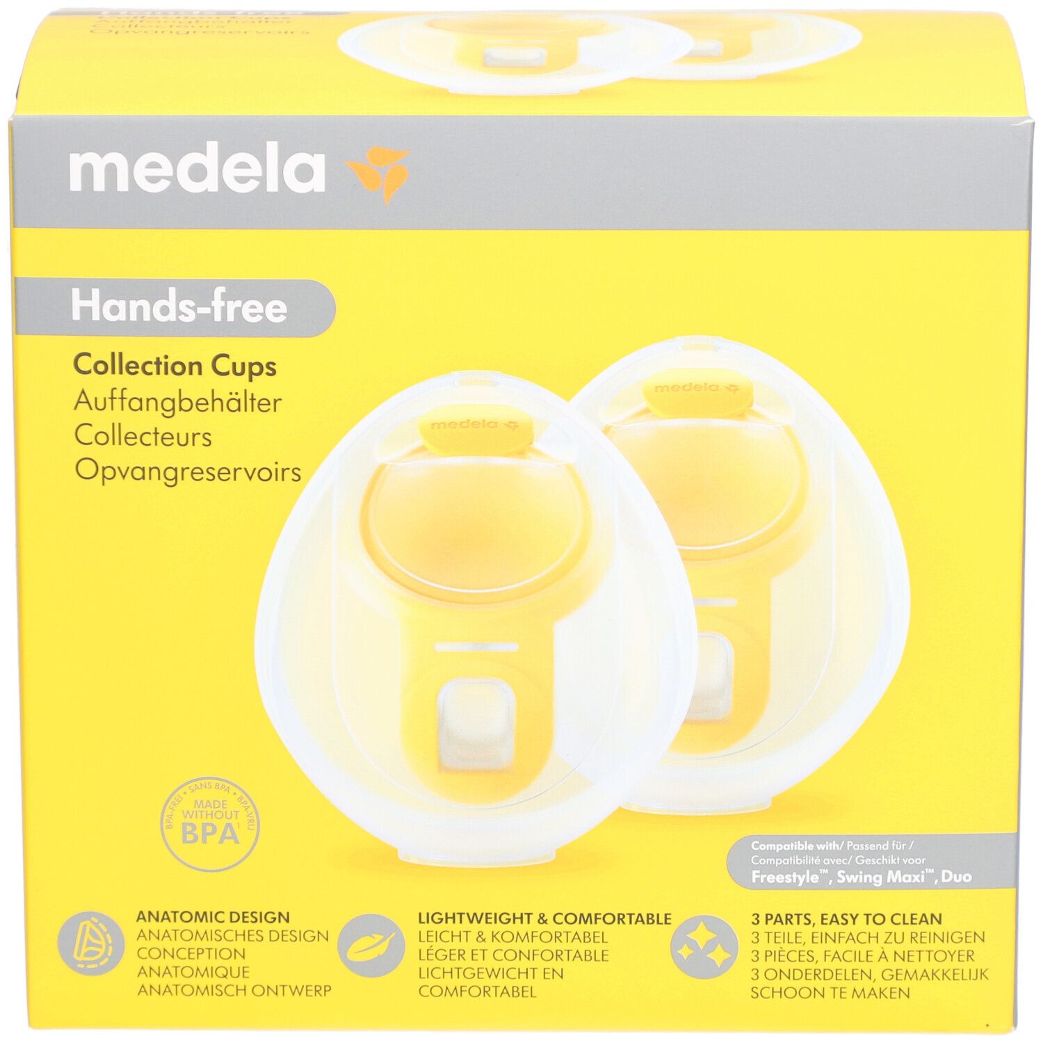 Gelbe Verpackung mit zwei hands-free Kollektoren. Aufschrift: Medela Hands-free Collection Cups. Anatomisches Design, BPA-frei.