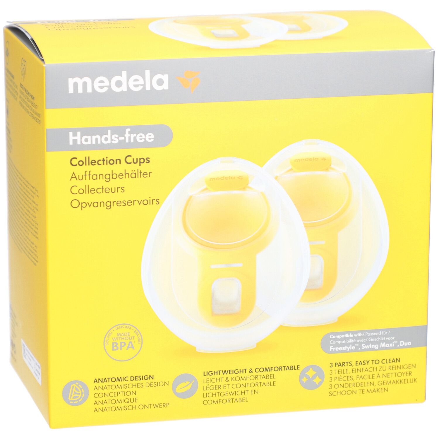 Gelbe Verpackung mit zwei hands-free Kollektoren. Aufschrift: Medela Hands-free Collection Cups. Anatomisches Design, BPA-frei.