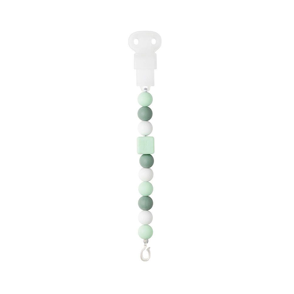 Attache-sucette Nattou® en silicone. Chaîne de perles vertes et blanches avec clip.