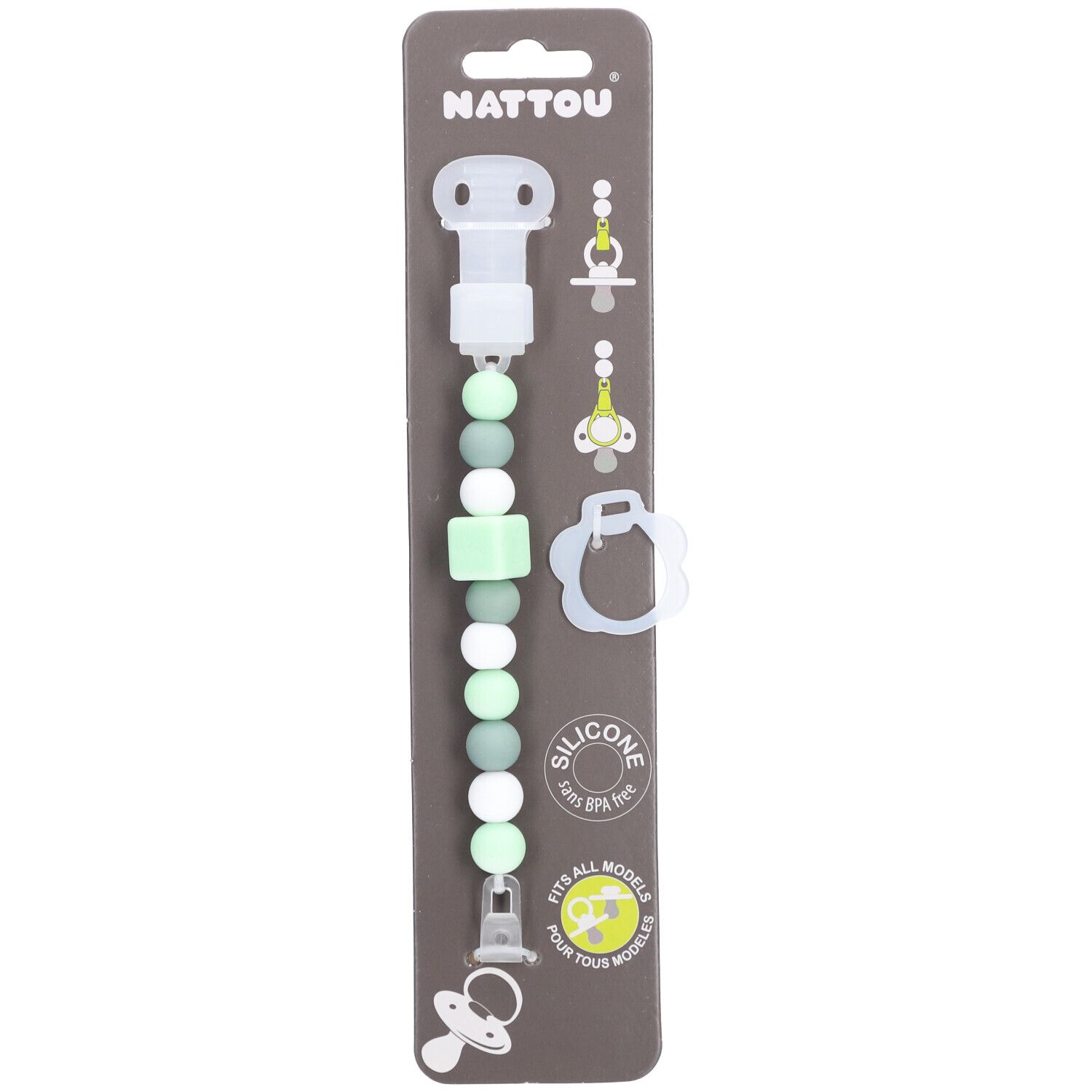 Attache-sucette Nattou® en silicone. Chaîne de perles vertes et blanches avec clip. Emballage avec illustration et texte.