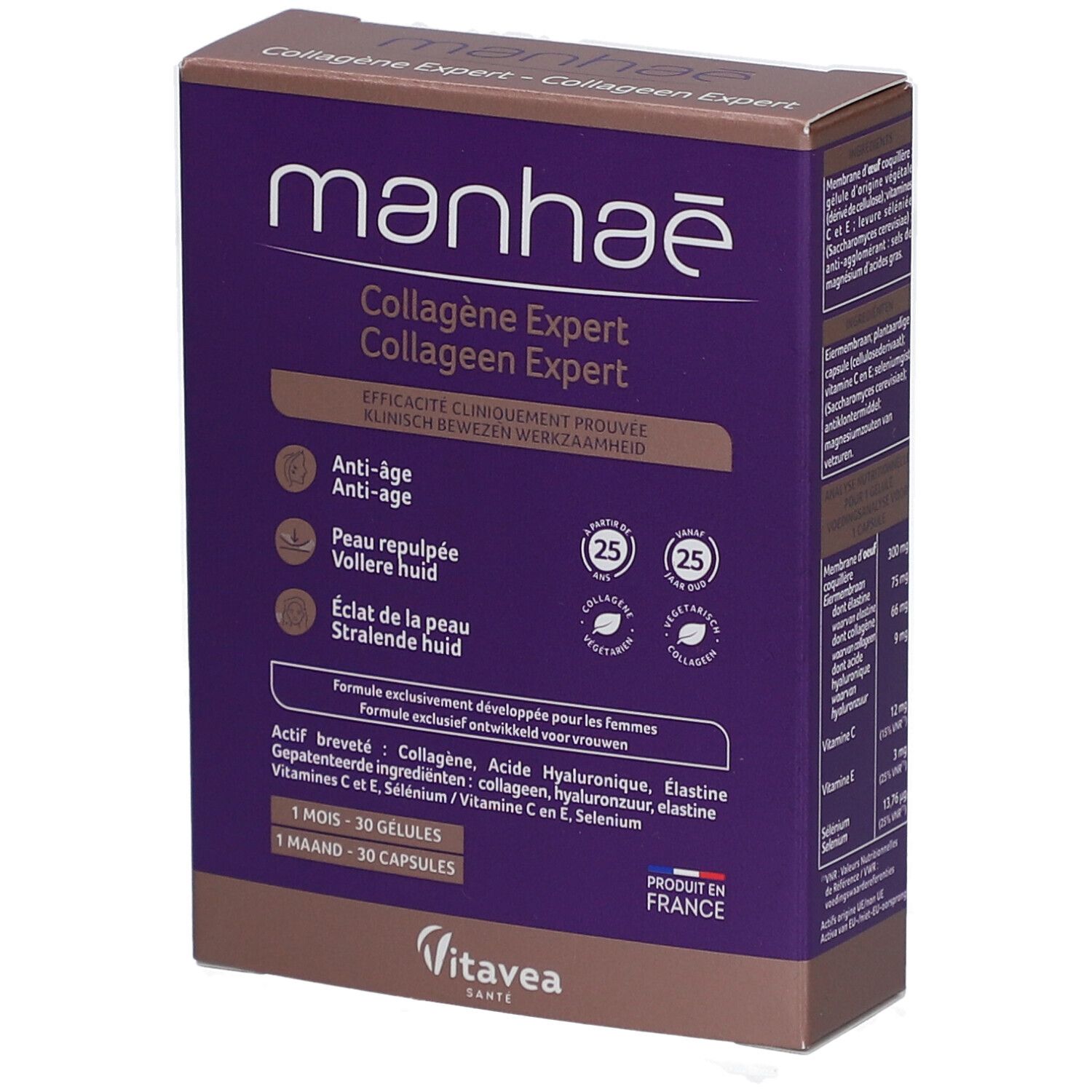 Boîte Manhaé Collagène Expert. Violet et marron. Inscriptions et informations sur le produit. Contient 30 gélules.