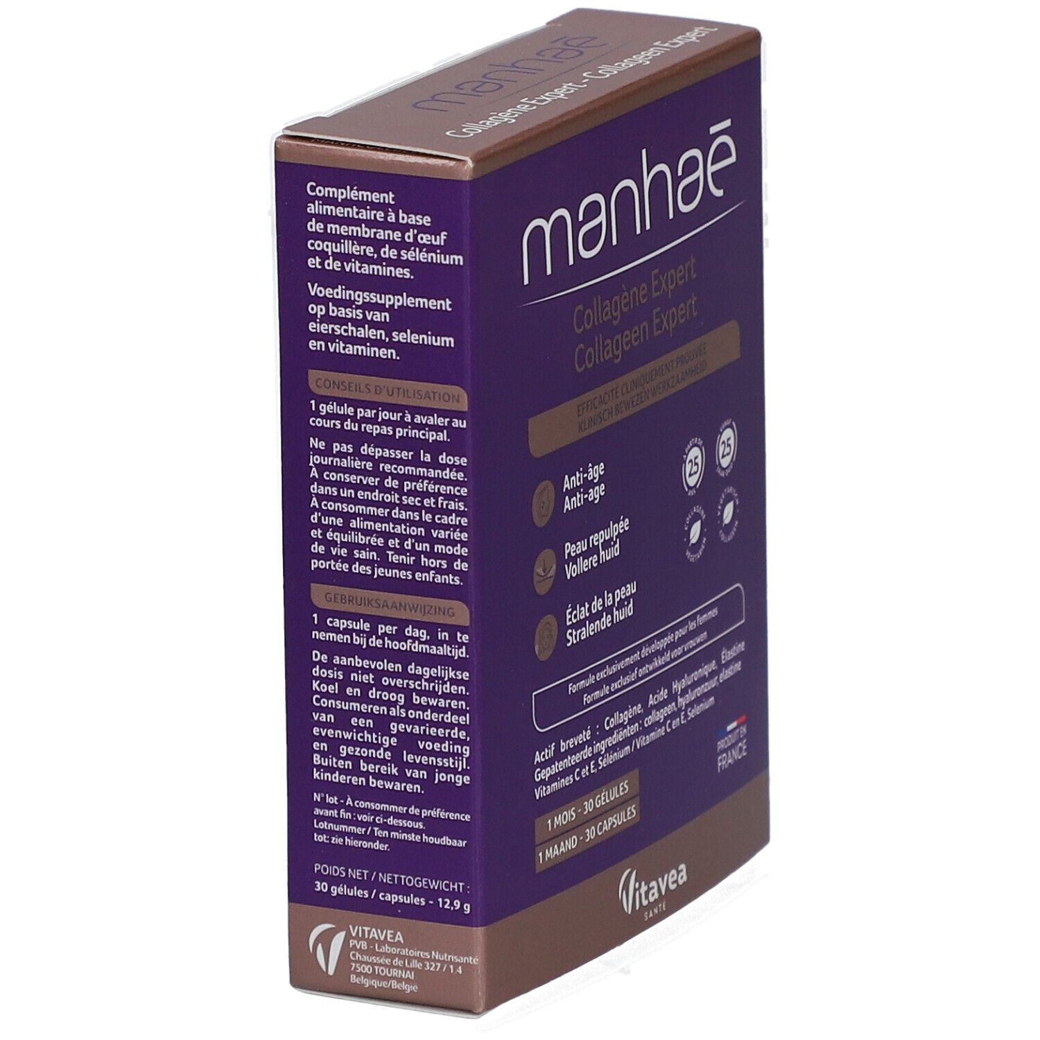 Boîte Manhaé Collagène Expert. Violet et marron. Informations produit. Contient 30 gélules. Logo Vitavea.
