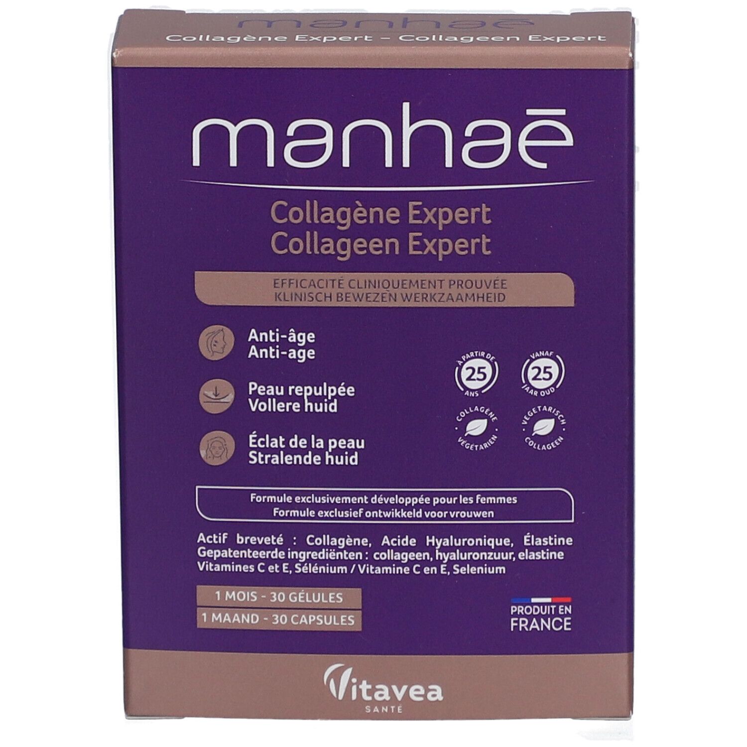Boîte Manhaé Collagène Expert. Violet et marron. Inscriptions et informations sur le produit. Contient 30 gélules.