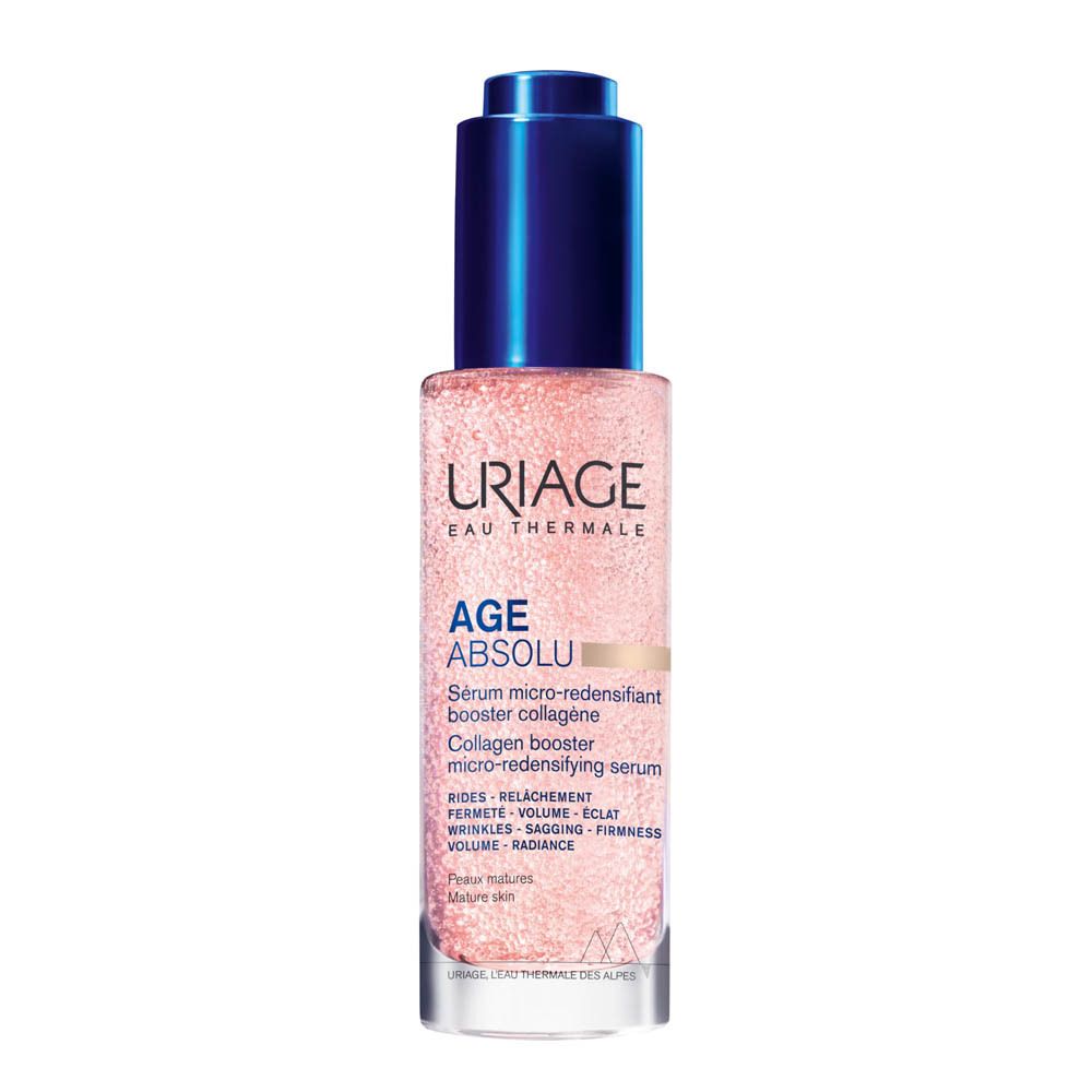 Flacon de sérum rose à bouchon bleu. Inscription: Uriage, Age Absolu. Contient un booster de collagène.