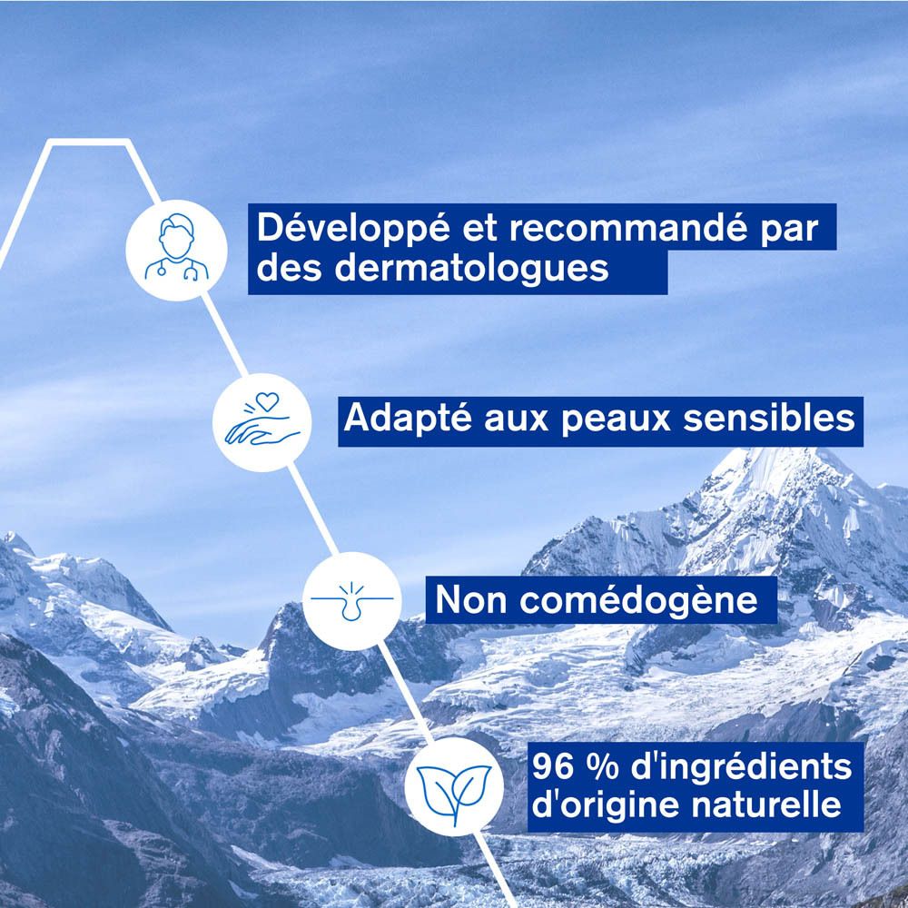 Infographie textuelle. Développé et recommandé par des dermatologues. Adapté aux peaux sensibles. Non comédogène.