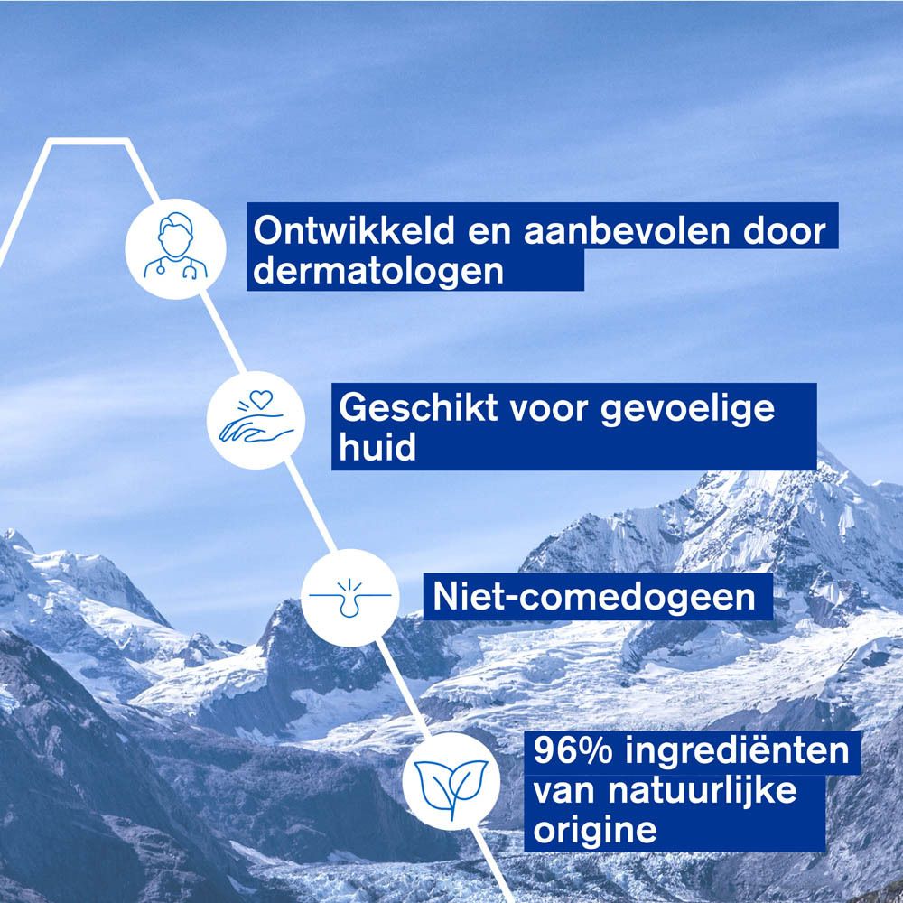 Tekstinfographic. Ontwikkeld en aanbevolen door dermatologen. Geschikt voor gevoelige huid. Niet-comedogeen.