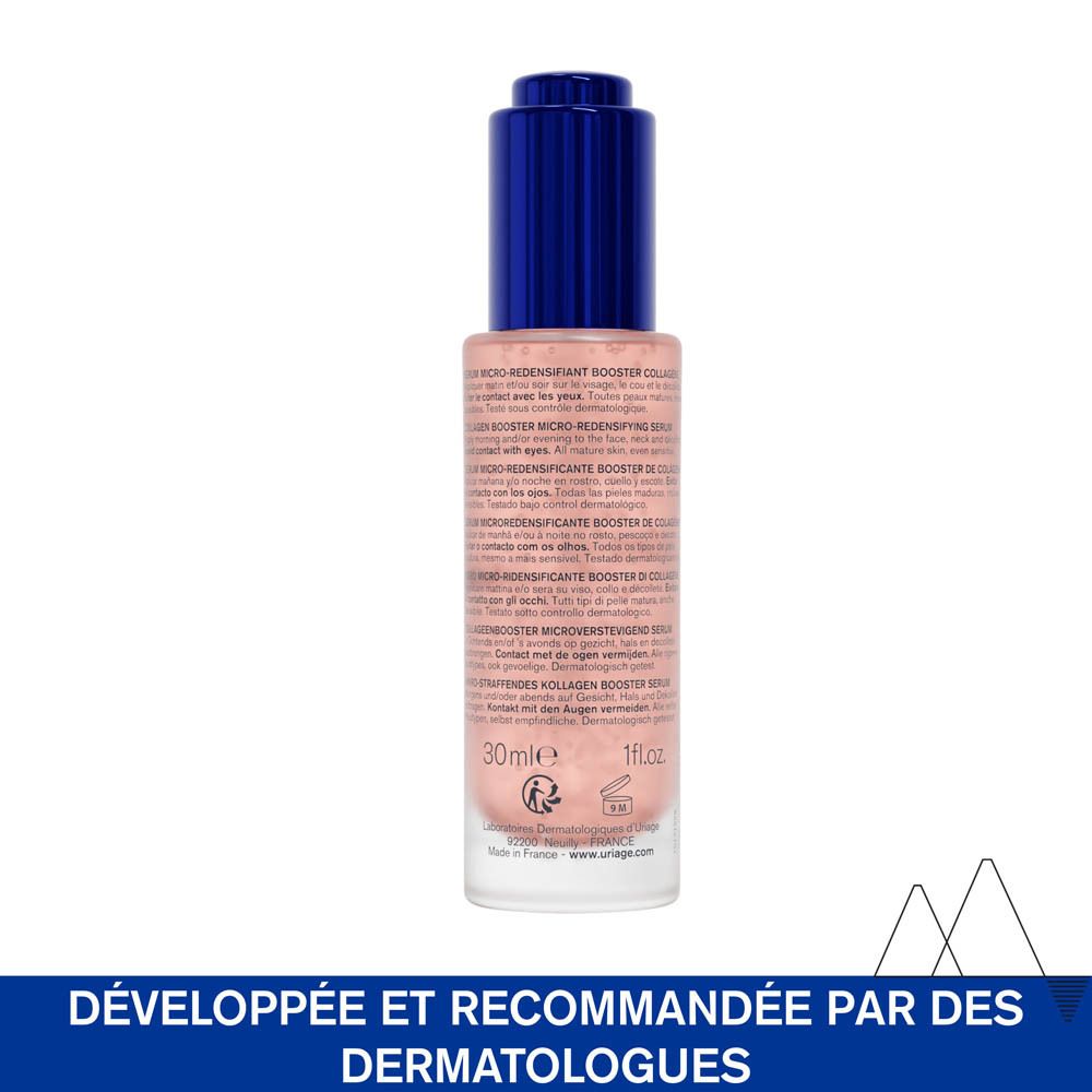 Dos du flacon de sérum. Inscription: Uriage, Age Absolu. Texte: Développé et recommandé par des dermatologues.