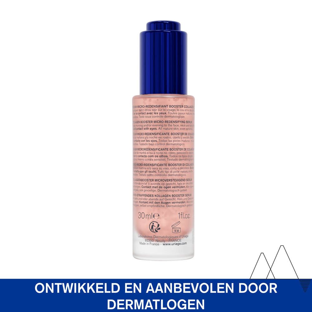 Achterkant van de serumfles. Opschrift: Uriage, Age Absolu. Tekst: Ontwikkeld en aanbevolen door dermatologen.