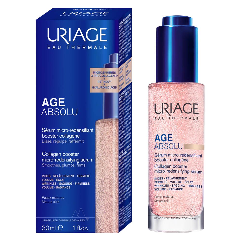 Emballage du produit. Flacon de sérum et boîte. Inscription: Uriage, Age Absolu. Contient un booster de collagène.