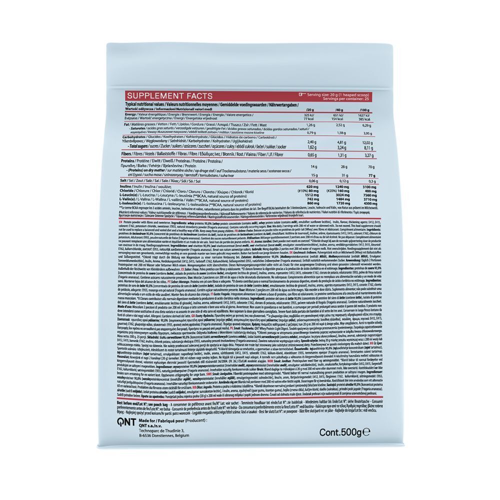 Dos de l'emballage blanc. Contient des informations nutritionnelles et du texte multilingue. Contenu: 500g.