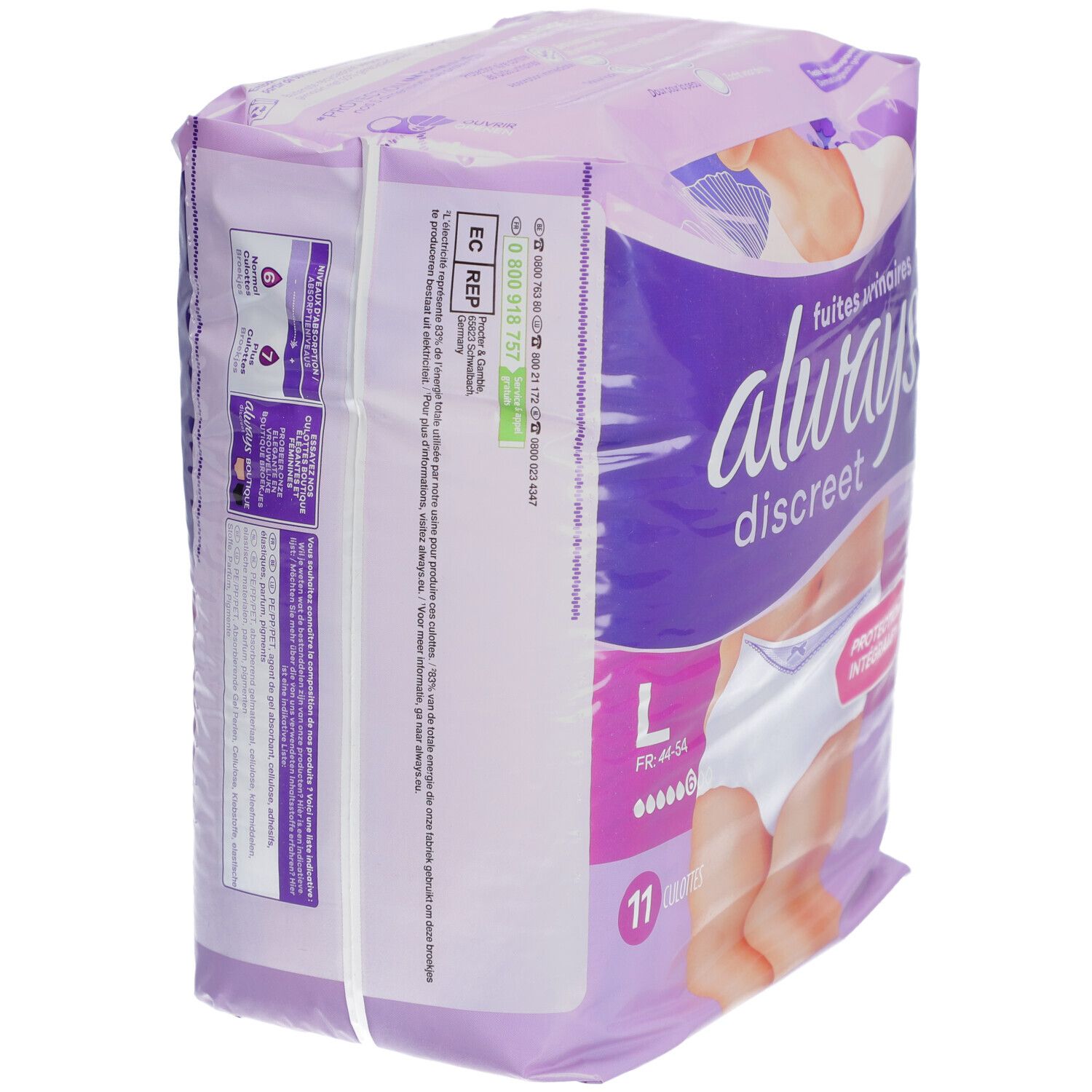 Dos du paquet Always Discreet. Texte: Always Discreet, fuites urinaires, L, 11 culottes. Informations et pictogrammes.