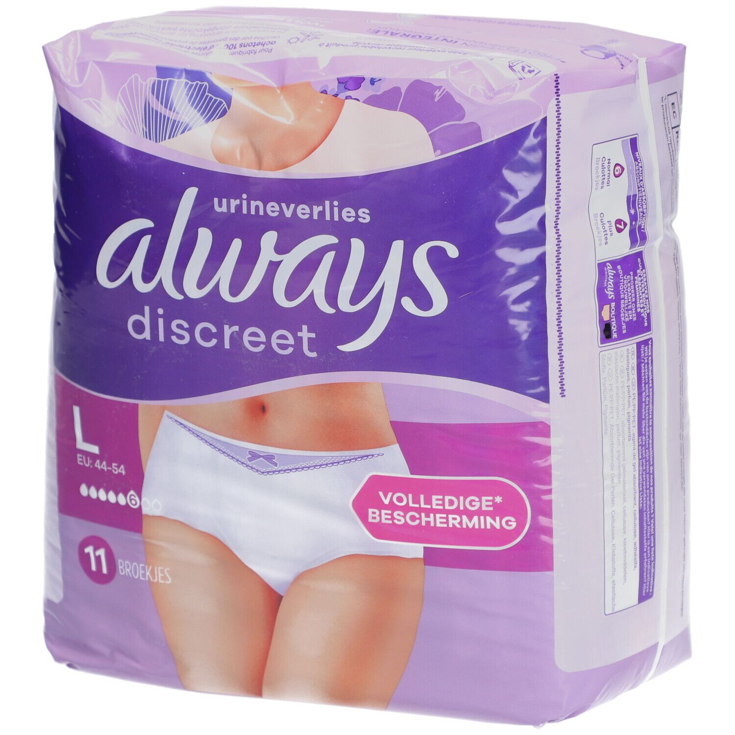 Paquet Always Discreet. Inscription: Always Discreet, fuites urinaires, L, 11 culottes. Illustration d'une femme en sous-vêtements.