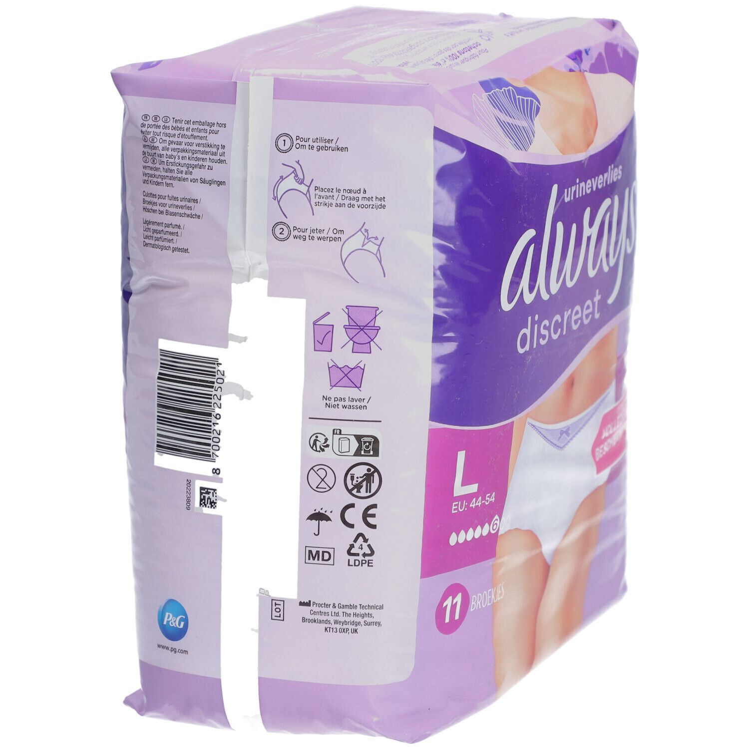 Dos du paquet Always Discreet. Texte: Always Discreet, fuites urinaires, L, 11 culottes. Informations et pictogrammes.