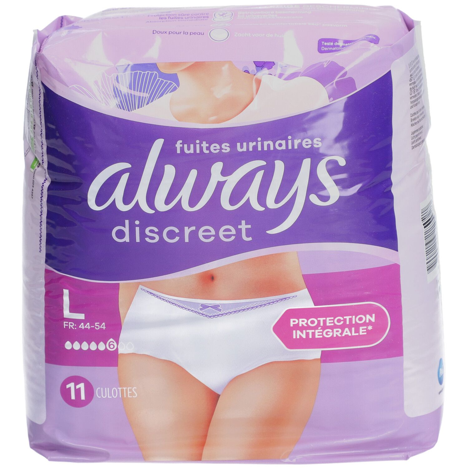 Paquet Always Discreet. Inscription: Always Discreet, fuites urinaires, L, 11 culottes. Illustration d'une femme en sous-vêtements.