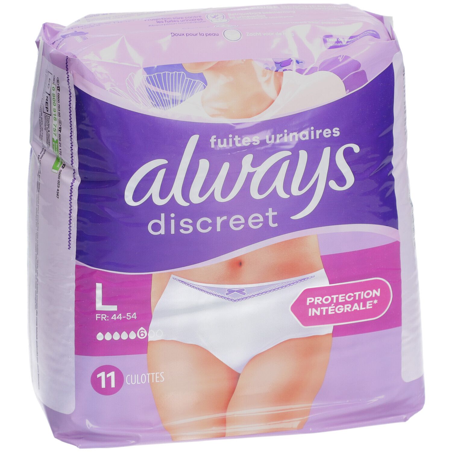 Paquet Always Discreet. Inscription: Always Discreet, fuites urinaires, L, 11 culottes. Illustration d'une femme en sous-vêtements.