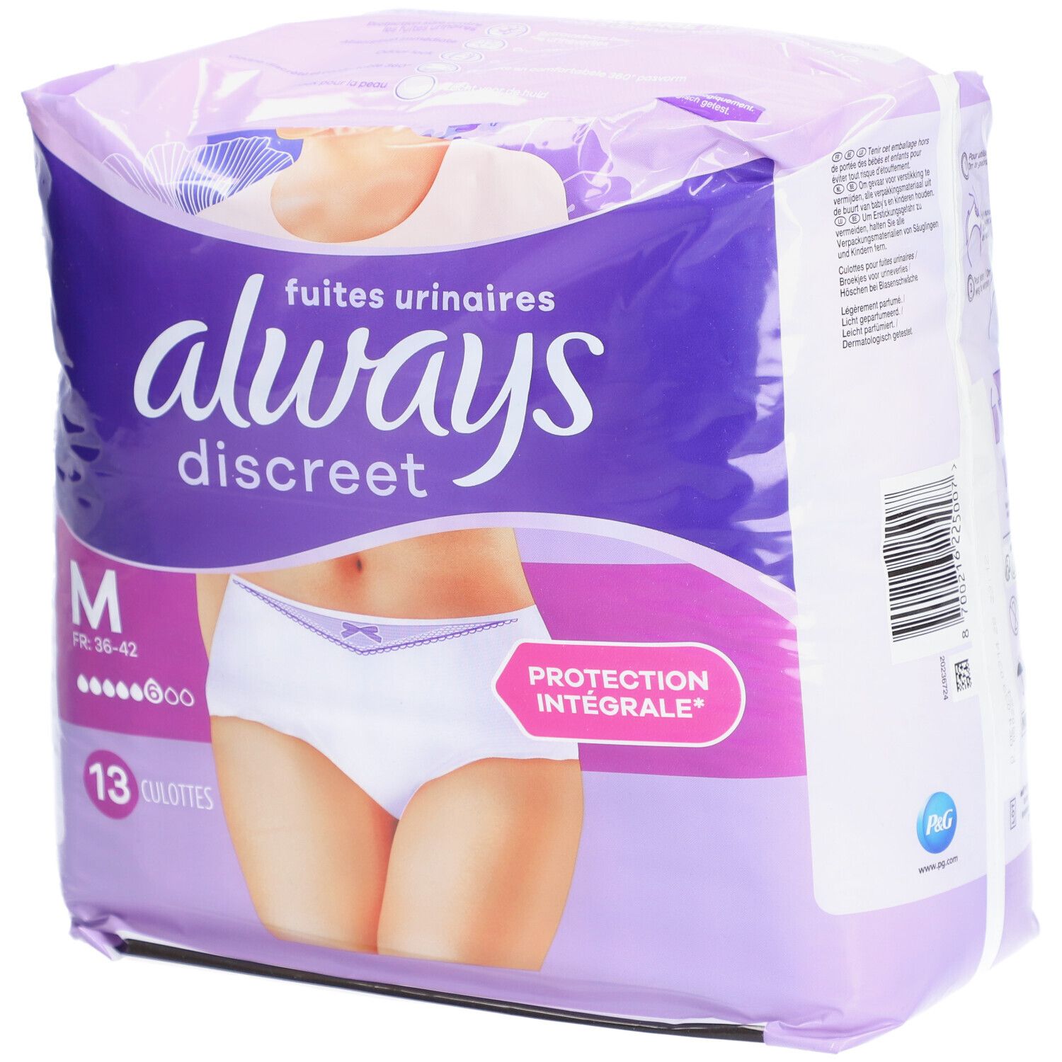 Paquet de Always Discreet M, 13 culottes. Violet et blanc. Image d'une femme en sous-vêtements blancs. Inscription: Always Discreet, M, Protection.