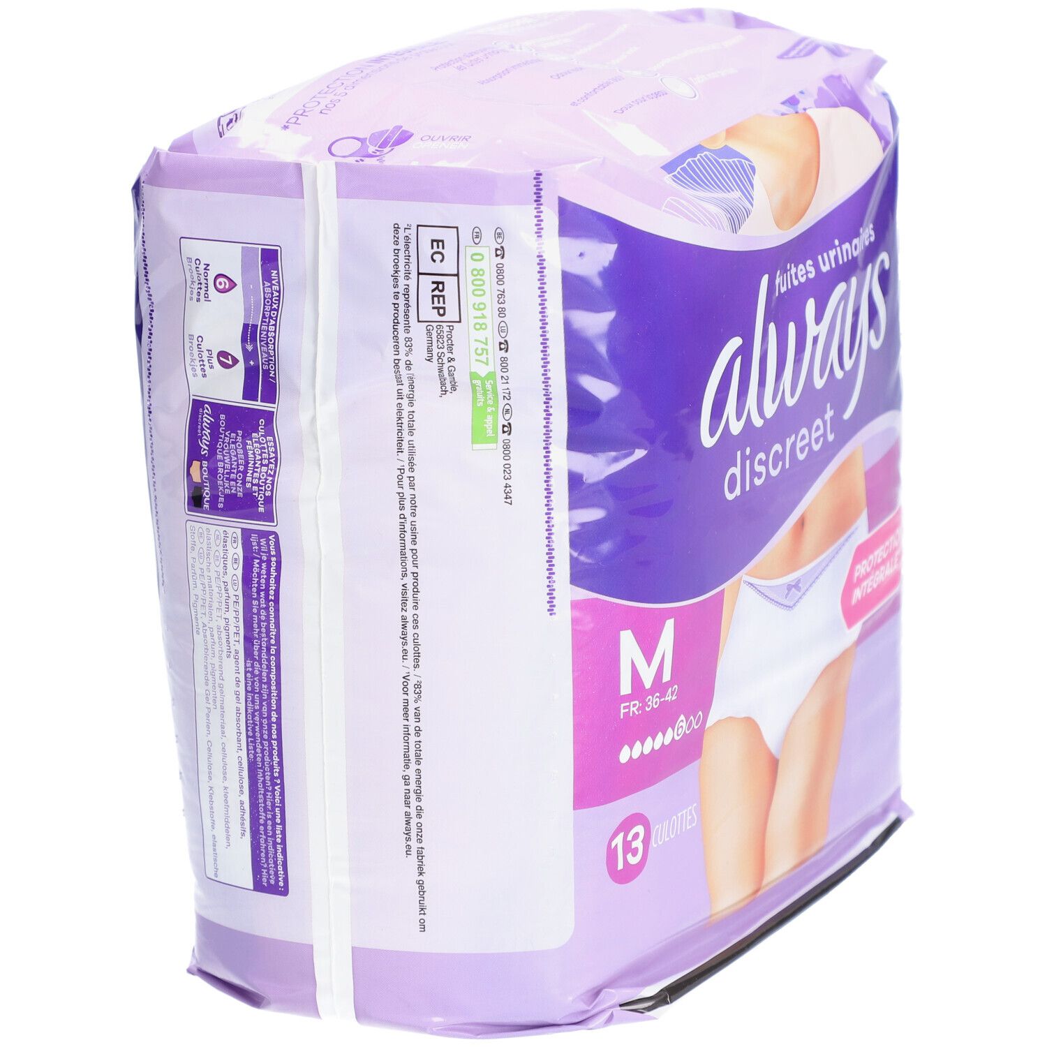 Paquet Always Discreet M, 13 culottes. Violet et blanc. Inscription: Always Discreet, M. Dos avec texte et code-barres. Vue de coin.
