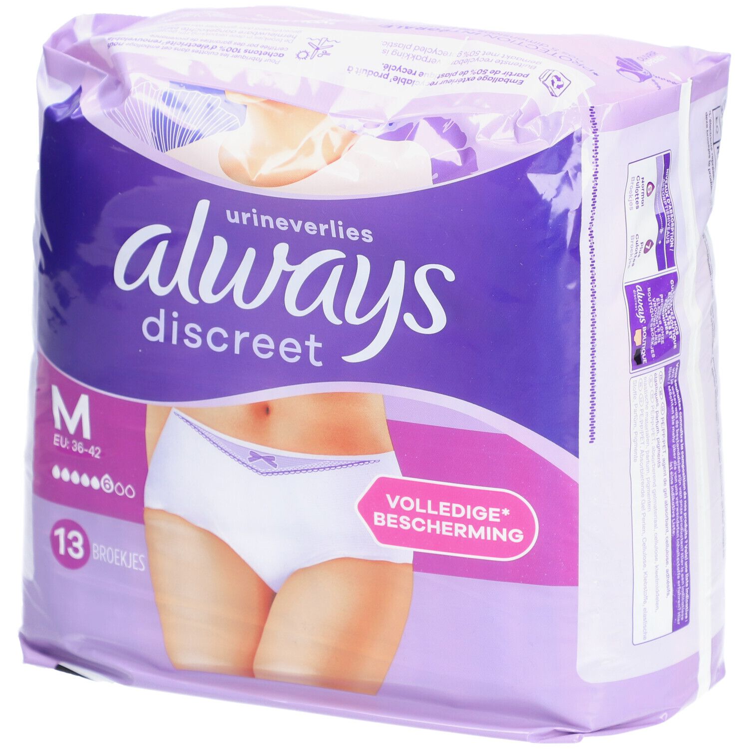 Paquet Always Discreet M, 13 culottes. Violet et blanc. Inscription: Always Discreet, M. Vue de coin. Texte en néerlandais.
