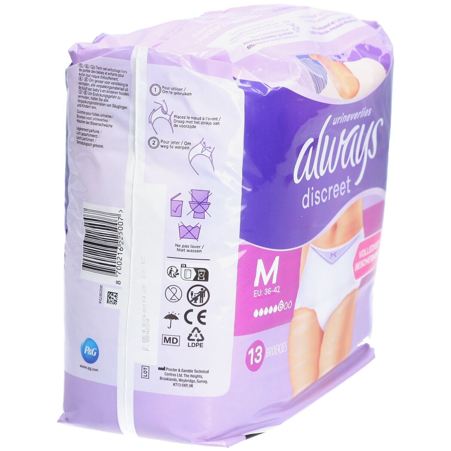 Paquet Always Discreet M, 13 culottes. Violet et blanc. Inscription: Always Discreet, M. Dos avec symboles et texte. Vue de coin.