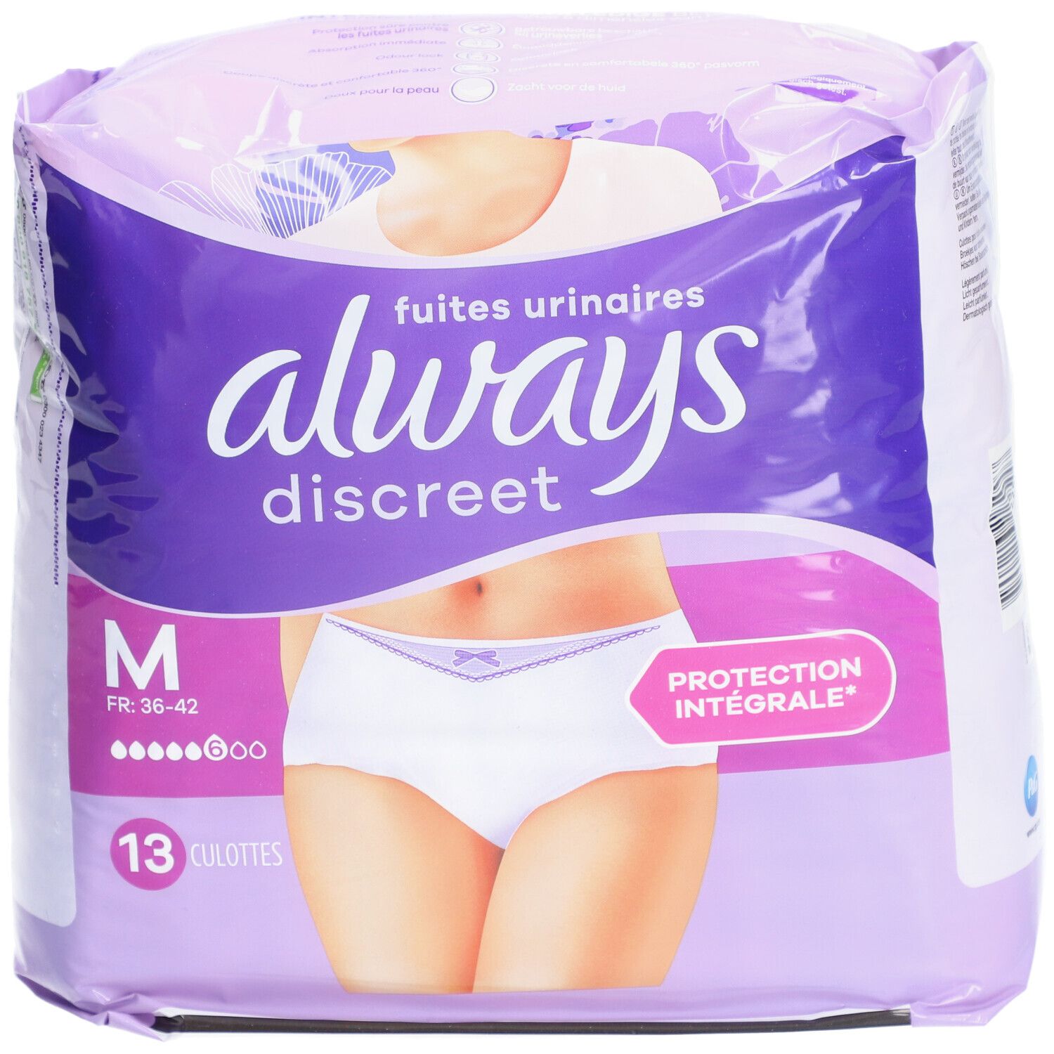 Paquet Always Discreet M, 13 culottes. Violet et blanc. Inscription: Always Discreet, M, Protection. Image d'une femme en sous-vêtements.