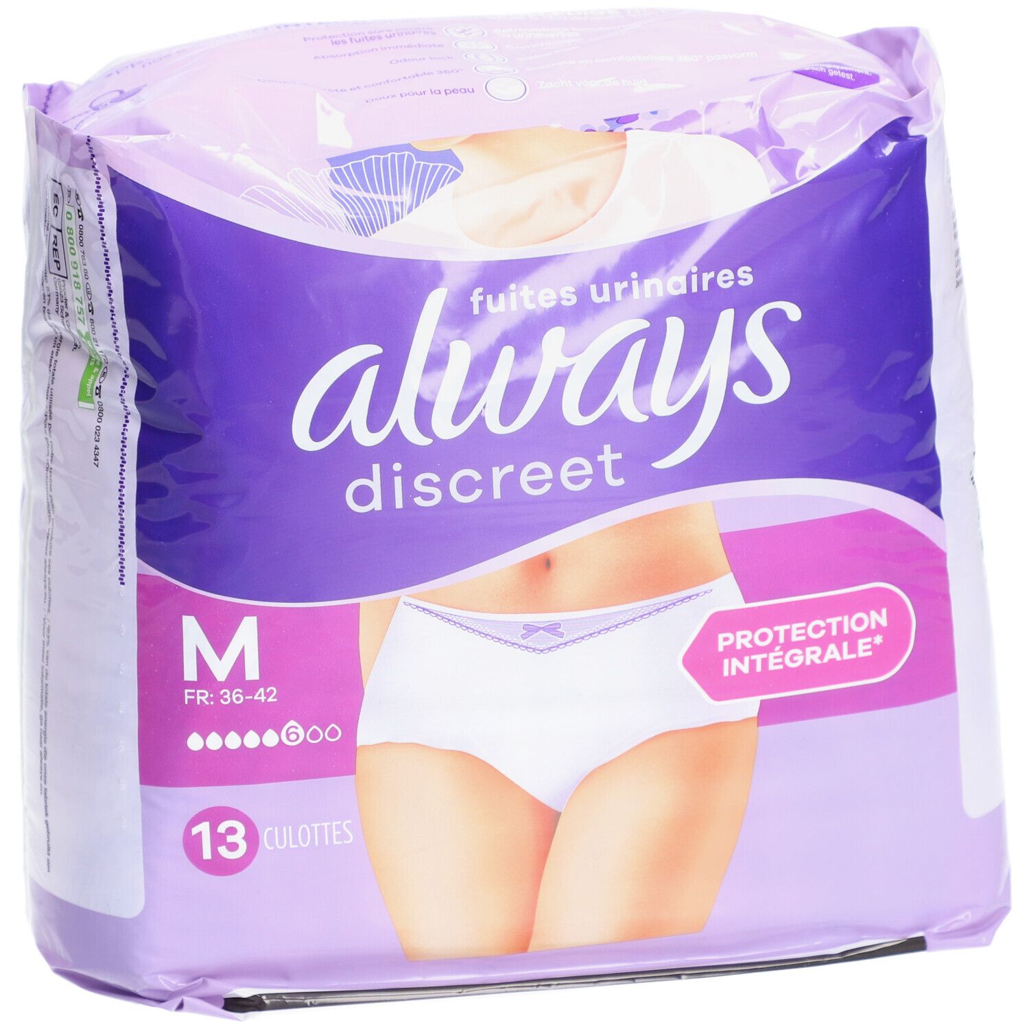 Paquet Always Discreet M, 13 culottes. Violet et blanc. Inscription: Always Discreet, M, Protection. Image d'une femme en sous-vêtements.