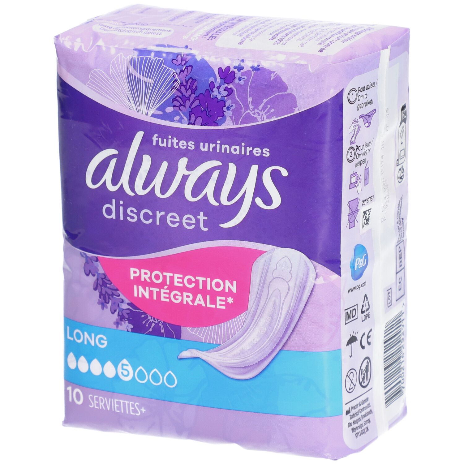 Packung Always Discreet Binden. Lila-weißes Design. Aufdruck: Always Discreet, Long, 10 Servietten. Illustration einer Binde.