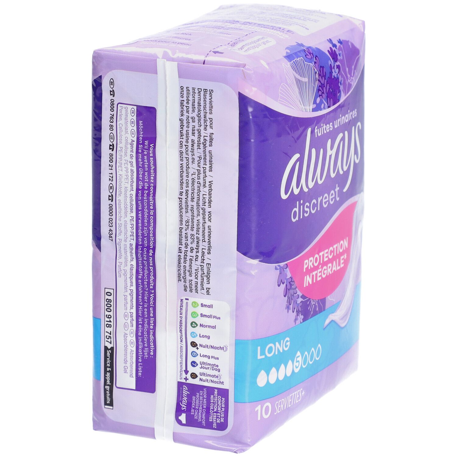 Rückseite der Always Discreet Binden-Packung. Text in mehreren Sprachen. Größenangaben. Logo Always. 10 Servietten. Lila-weißes Design.