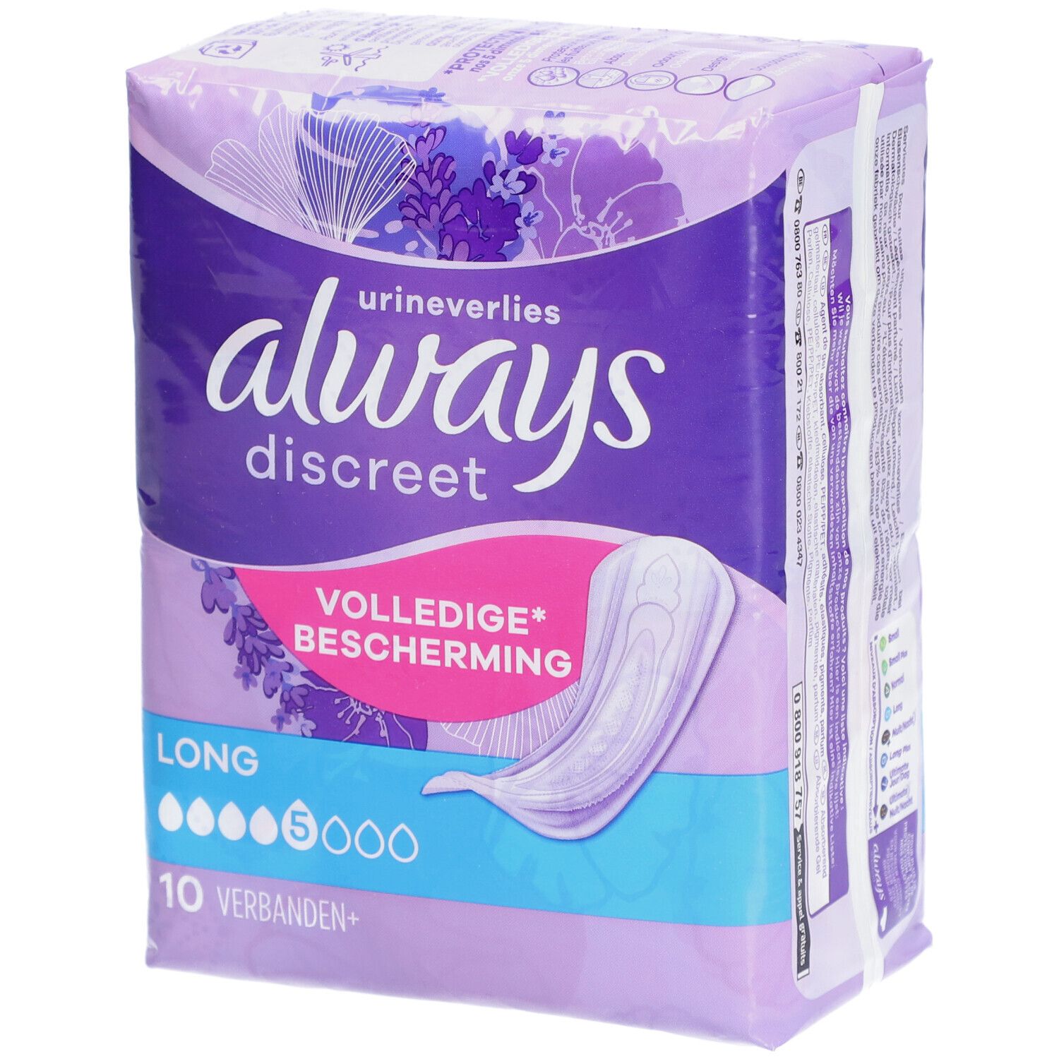 Packung Always Discreet Binden. Lila-weißes Design. Aufdruck: Always Discreet, Long, 10 Binden. Illustration einer Binde.