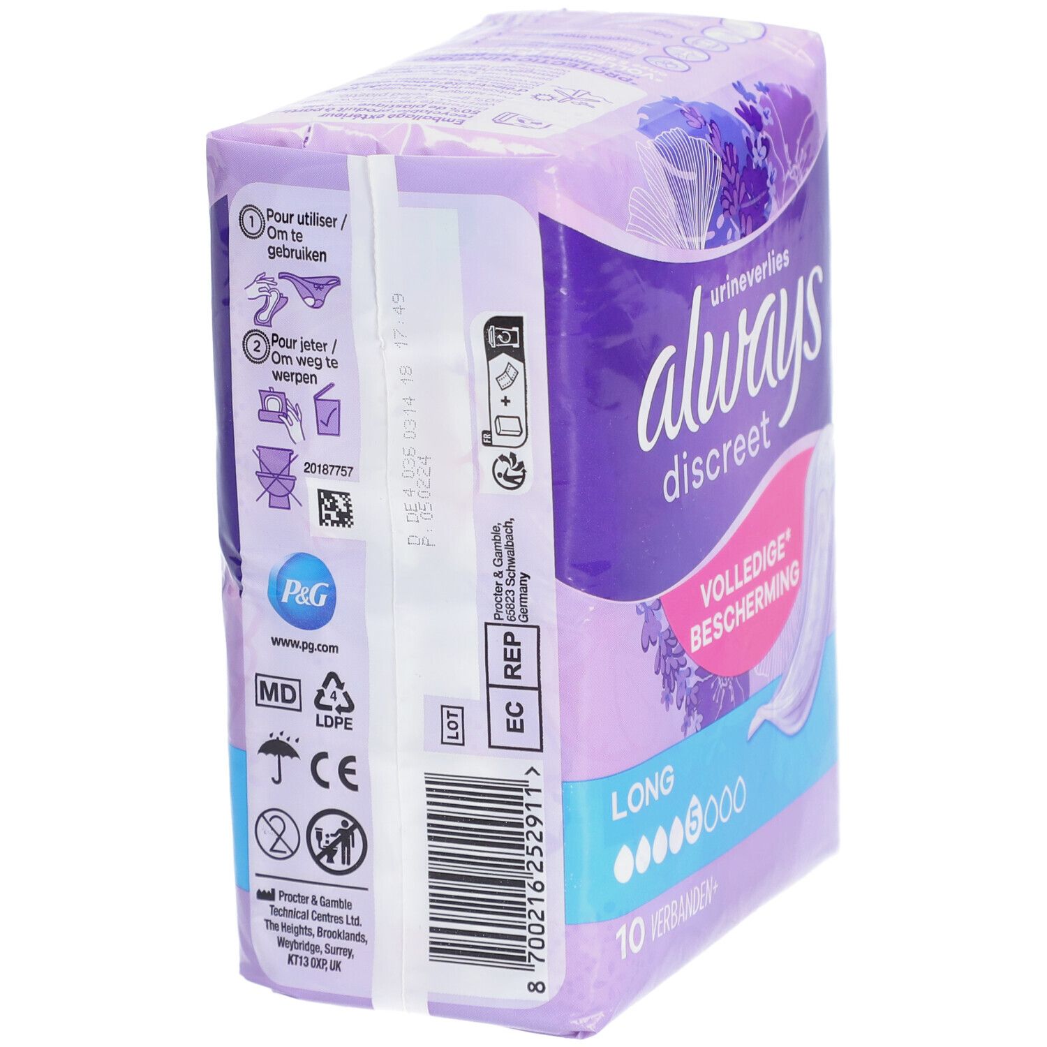 Seite der Always Discreet Binden-Packung. Illustrationen zur Anwendung. Text in mehreren Sprachen. Logo P&G. 10 Binden. Lila-weißes Design.