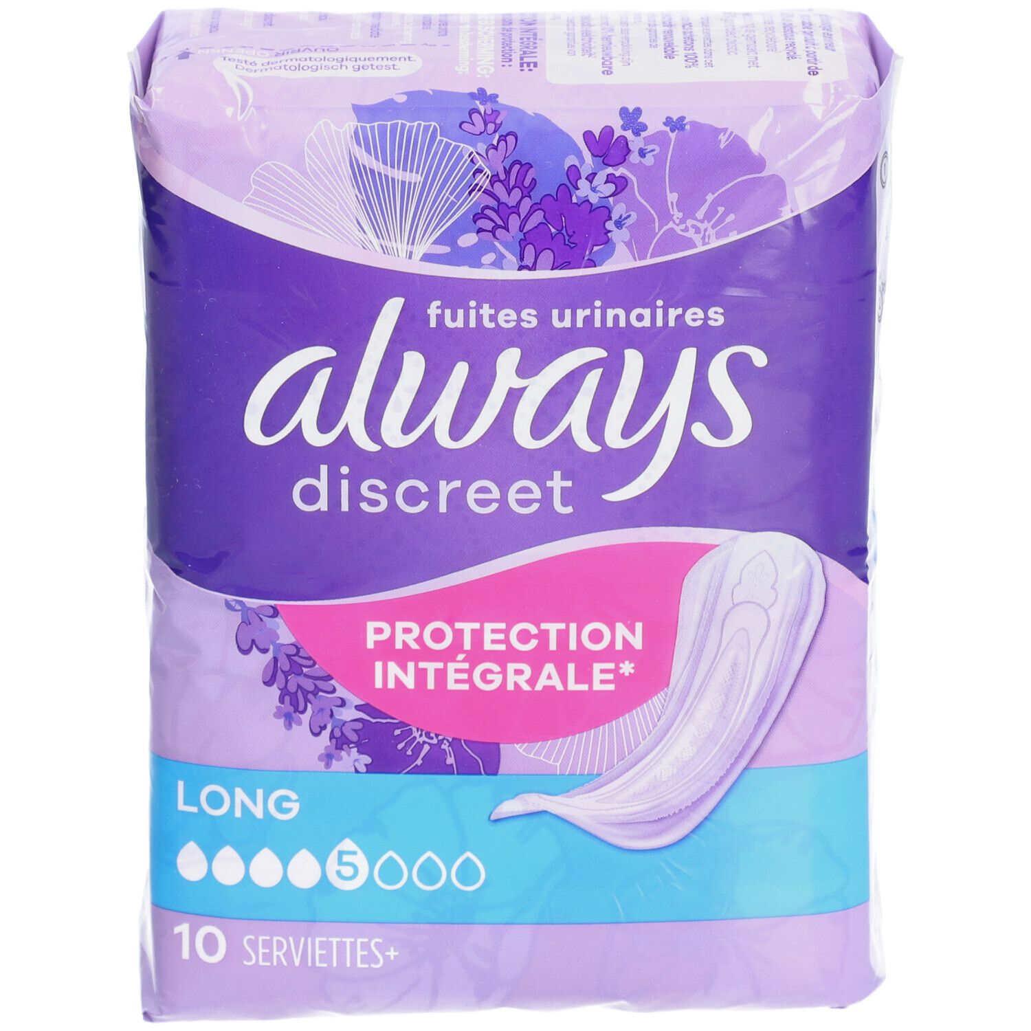 Packung Always Discreet Binden. Lila-weißes Design. Aufdruck: Always Discreet, Long, 10 Servietten. Illustration einer Binde.