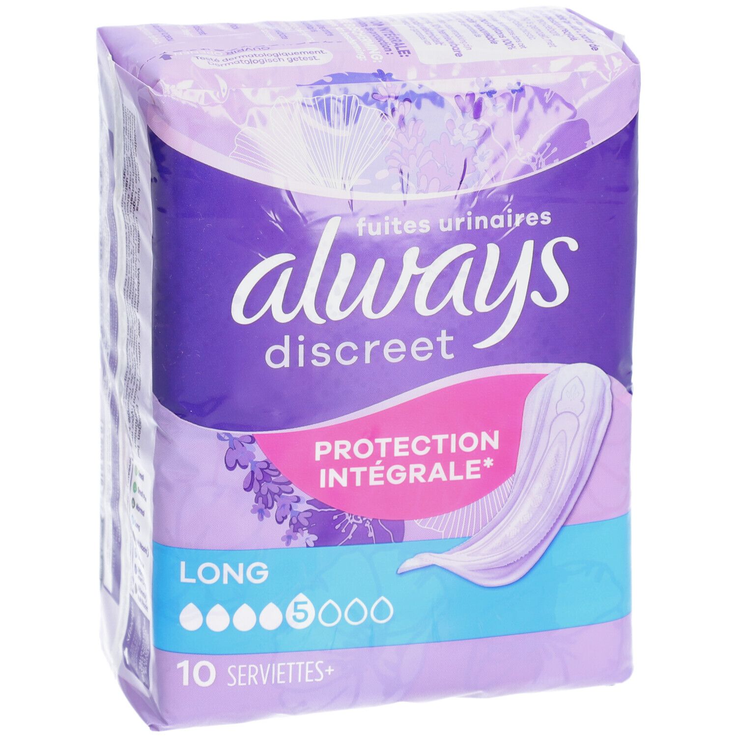 Packung Always Discreet Binden. Lila-weißes Design. Aufdruck: Always Discreet, Long, 10 Servietten. Illustration einer Binde.