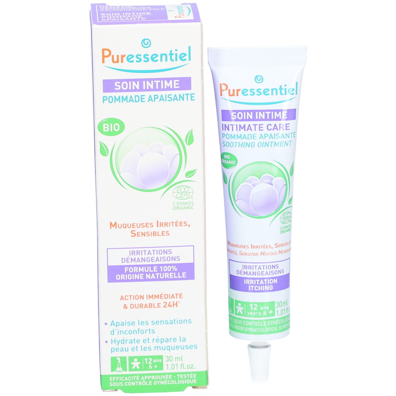 Productverpakking met tube intieme verzorgingscrème. Tube en doos. Tekst: Intieme verzorging, kalmerende zalf. Bio.