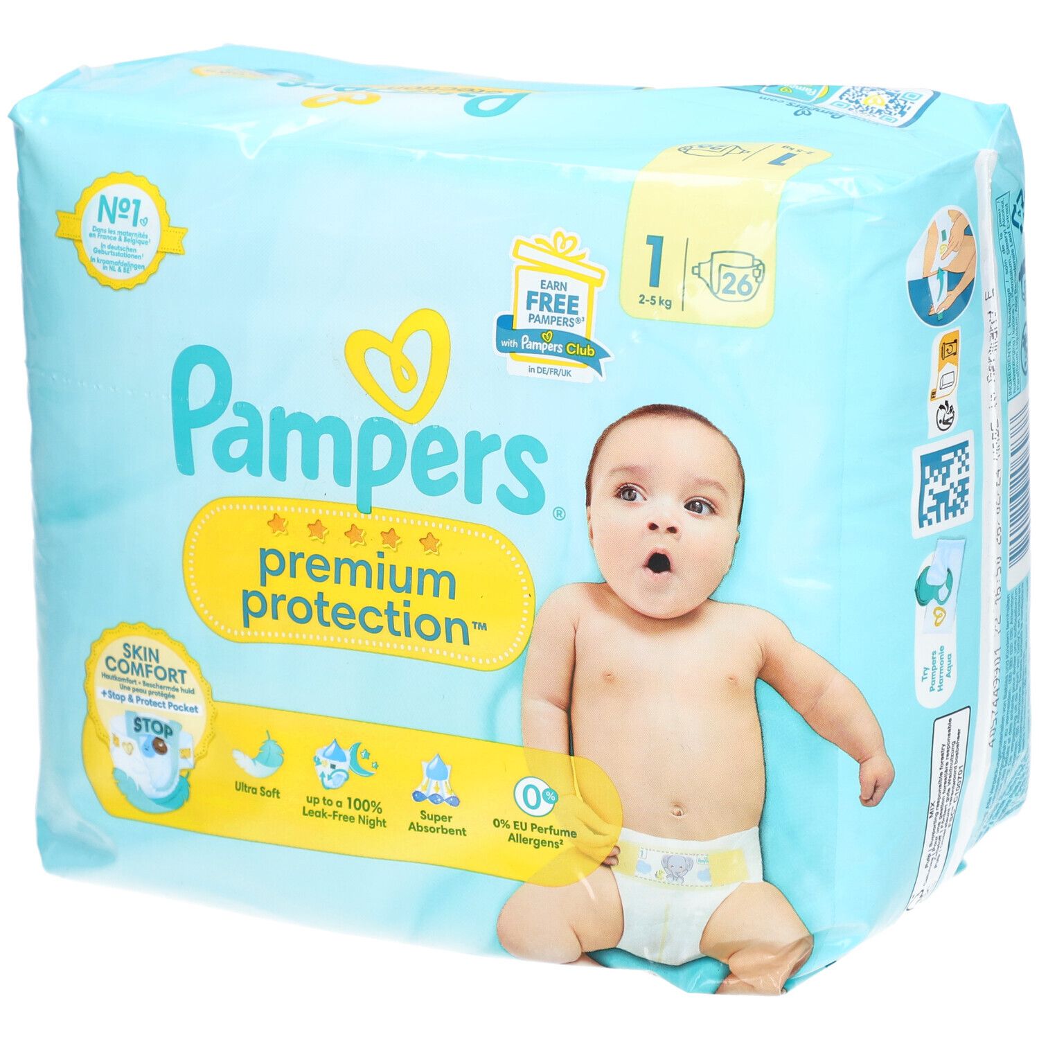 Hellblaue Verpackung mit Pampers-Logo und Baby. Aufschrift: Premium Protection, Größe 1, 2-5 kg. Enthält 26 Windeln.