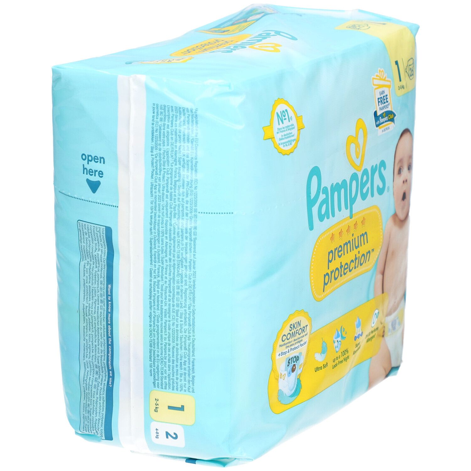 Hellblaue Verpackung mit Pampers-Logo. Aufschrift: Premium Protection, Größe 1, 2-5 kg. Seitenansicht der Verpackung.