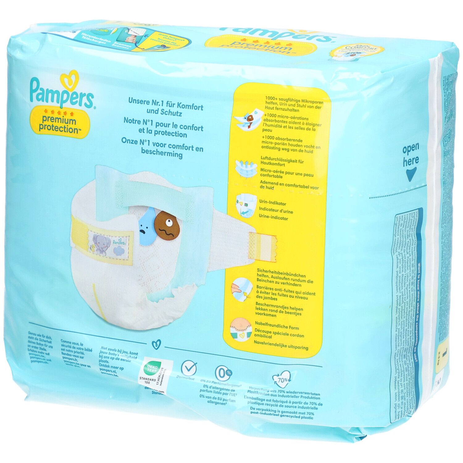 Hellblaue Verpackung mit Pampers-Logo. Aufschrift: Premium Protection. Rückseite mit Windel-Illustration. Größe 1.
