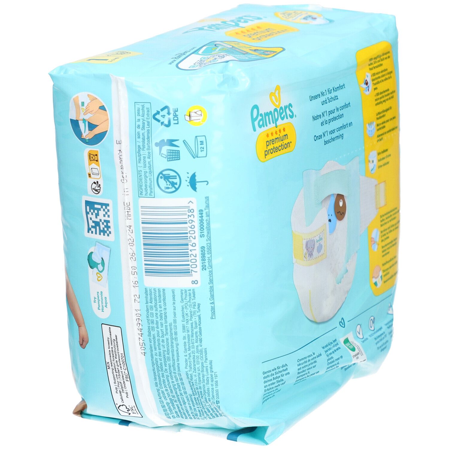 Hellblaue Verpackung mit Pampers-Logo. Aufschrift: Premium Protection. Rückseite mit Windel-Illustration. Größe 1.