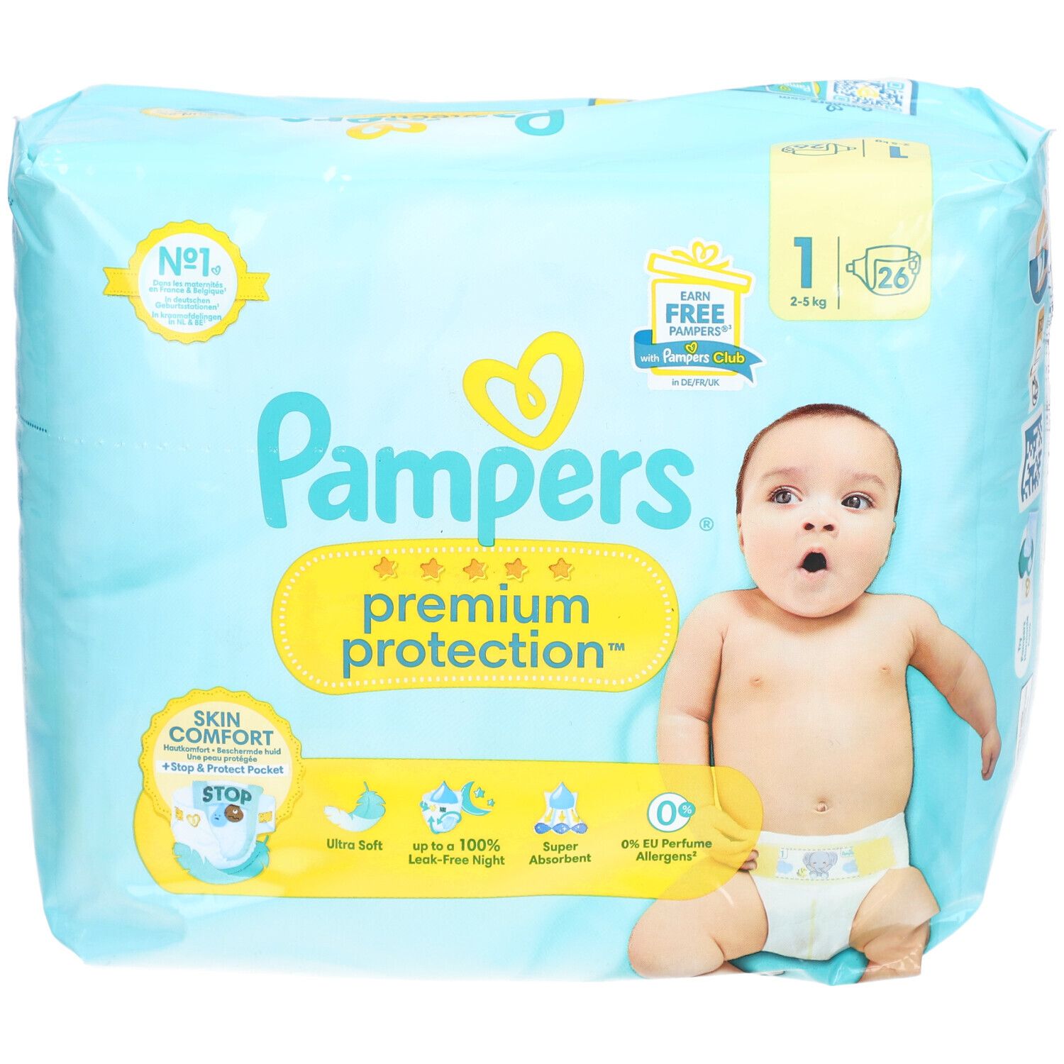 Hellblaue Verpackung mit Pampers-Logo und Baby. Aufschrift: Premium Protection, Größe 1, 2-5 kg. Enthält 26 Windeln.
