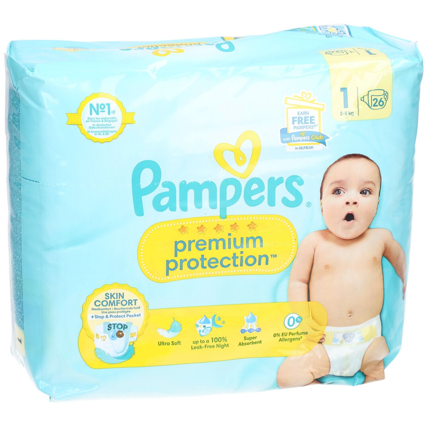 Hellblaue Verpackung mit Pampers-Logo und Baby. Aufschrift: Premium Protection, Größe 1, 2-5 kg. Enthält 26 Windeln.