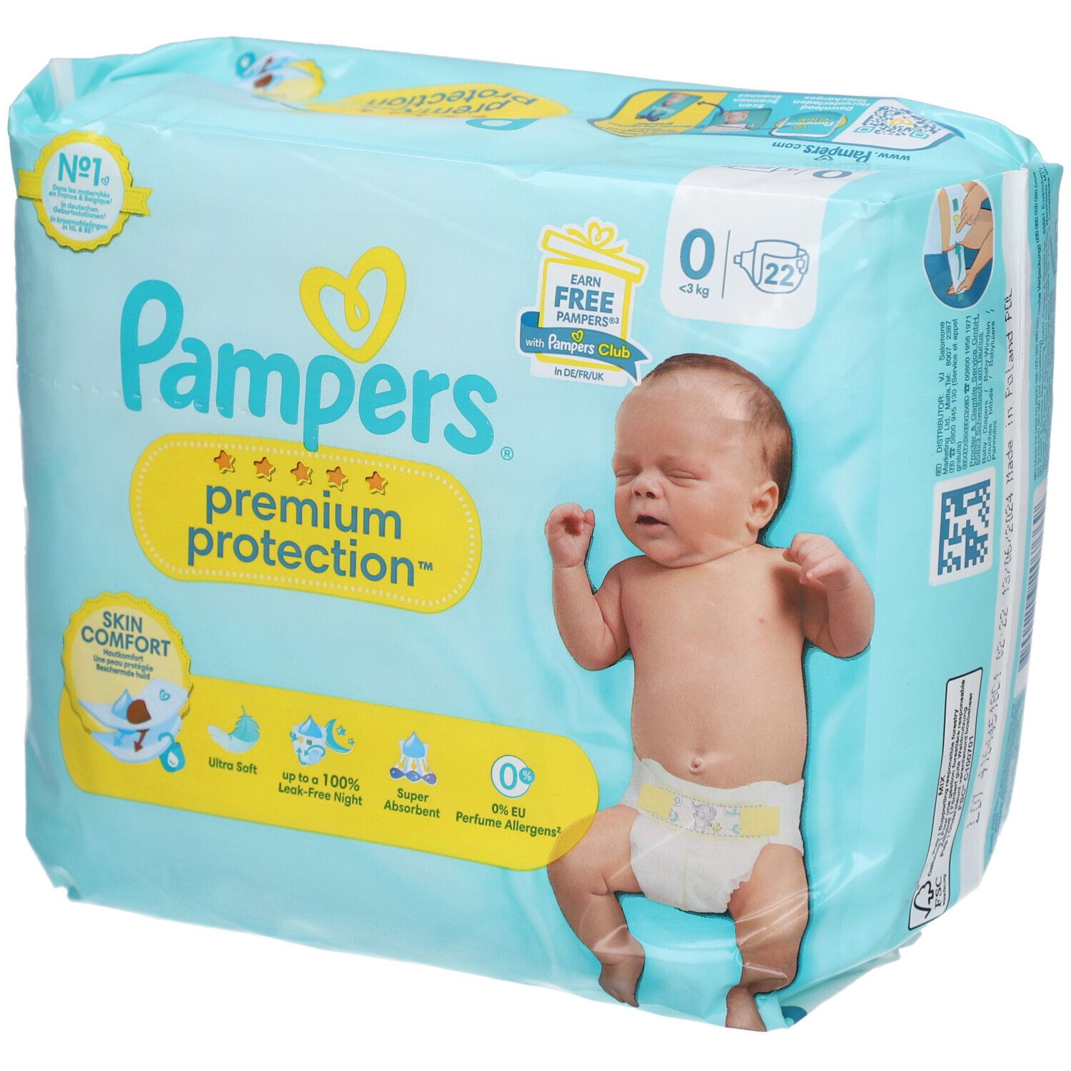 Pampers Premium Protection Windeln, Größe 0, < 3 kg, in Verpackung. Baby auf der Verpackung. Aufdrucke: Skin Comfort, Ultra Soft, etc.