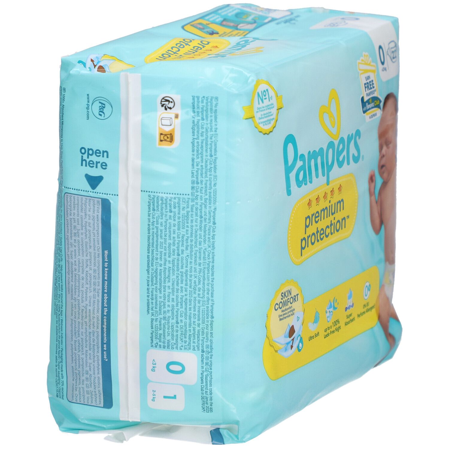 Pampers Premium Protection Windeln, Größe 0, < 3 kg, in Verpackung. Verpackung mit Produktinformationen und Logo.