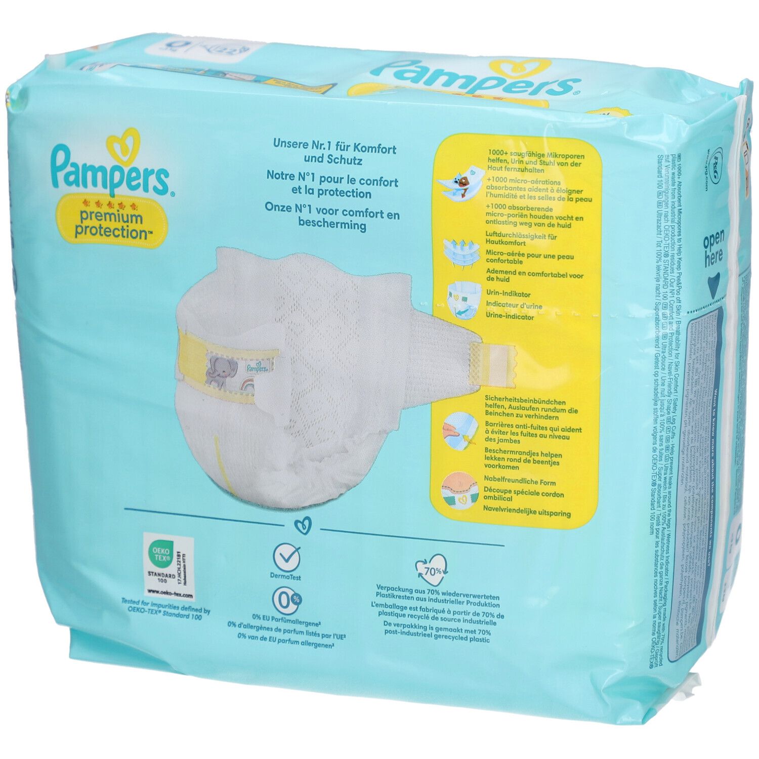 Rückseite der Pampers Premium Protection Windeln, Größe 0, < 3 kg. Windel mit Produktinformationen und Logo.