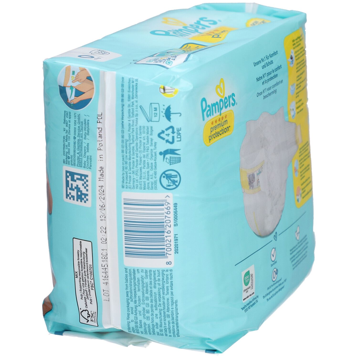 Pampers Premium Protection Windeln, Größe 0, < 3 kg, in Verpackung. Verpackung mit Produktinformationen und Logo.